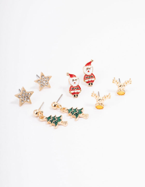 Gold Fesitive Tree & Santa Stud Earrings 4-Pack