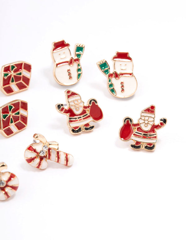 Gold Enamel Candy Cane & Green Red Reindeer Stud 5-Pack