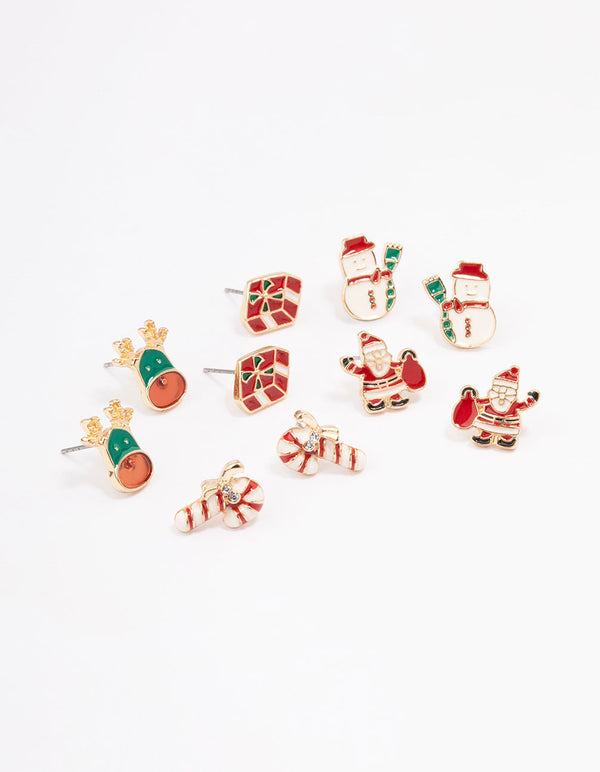 Gold Enamel Candy Cane & Green Red Reindeer Stud 5-Pack