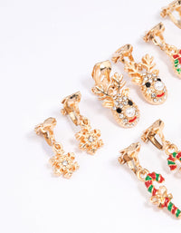 Gold Diamante Reindeer & Snowflake Clip-On Earrings 5-Pack - link has visual effect only