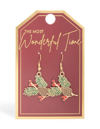 Gold Pine & Holly Plant Drop Earrings - link has visual effect only