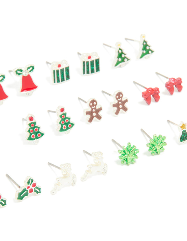 Silver Festive Tree & Bell Earrings 12-Pack