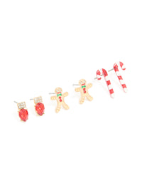 Gold Diamante Festive Light & Candy Cane Earrings 3-Pack - link has visual effect only