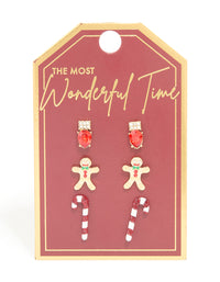 Gold Diamante Festive Light & Candy Cane Earrings 3-Pack - link has visual effect only