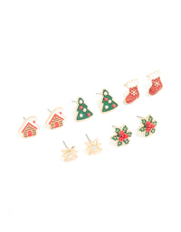 Gold Red Glittery Stocking & Gingerbread House Earrings 5-Pack - link has visual effect only