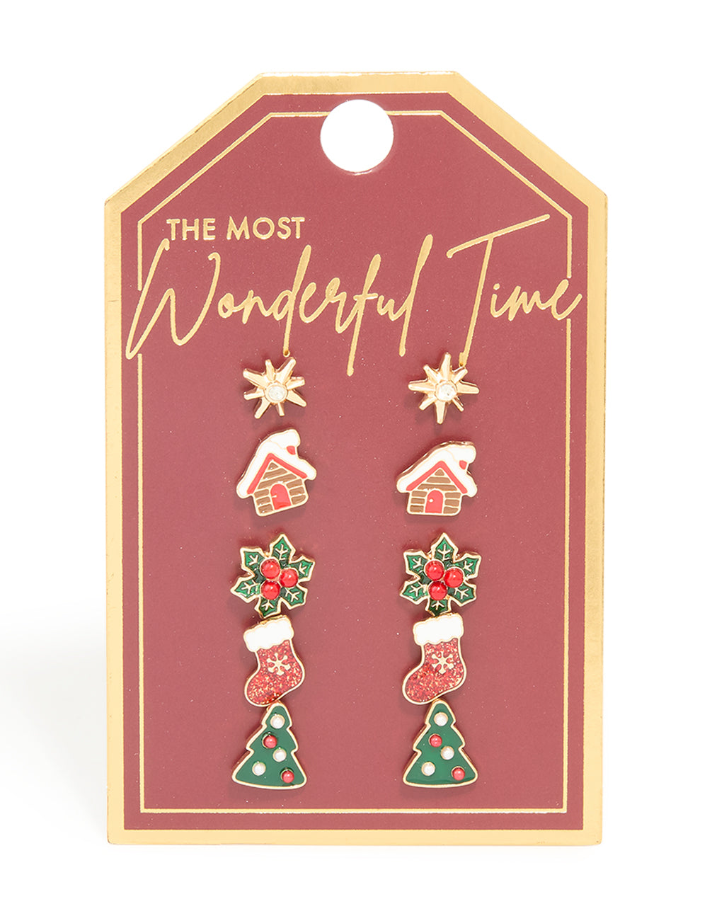 Gold Red Glittery Stocking & Gingerbread House Earrings 5-Pack