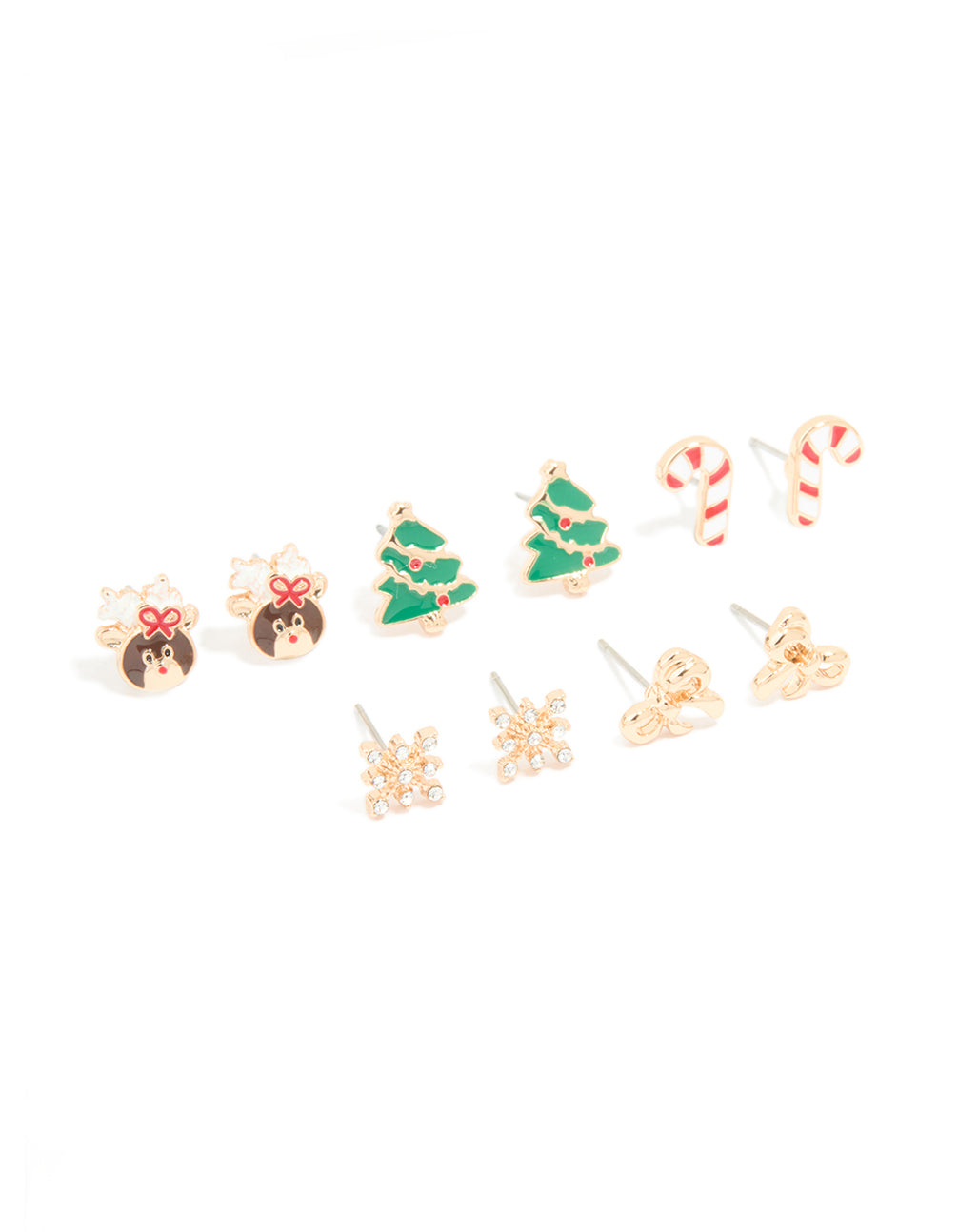 Gold Cute Reindeer & Snowflake Earrings 5-Pack