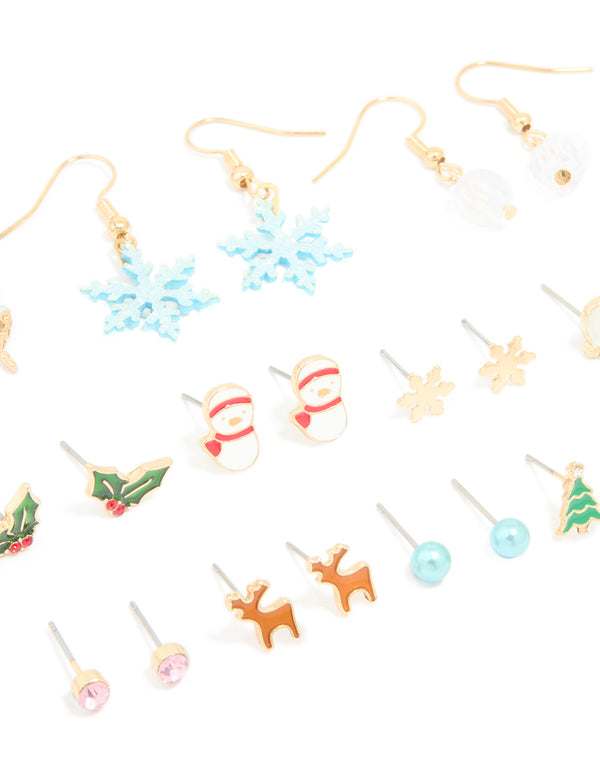 Gold Snowflake & Snowman Earrings 12-Pack