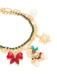 Gold Green Diamante Cup Chain & Festive Charm Layered Bracelet - link has visual effect only