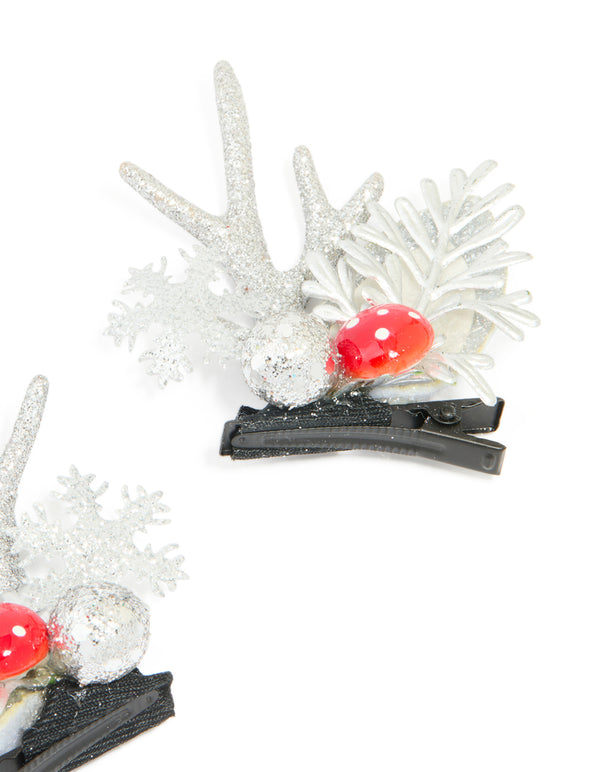 Silver Mushroom & Reindeer Hair Clips 2-Pack