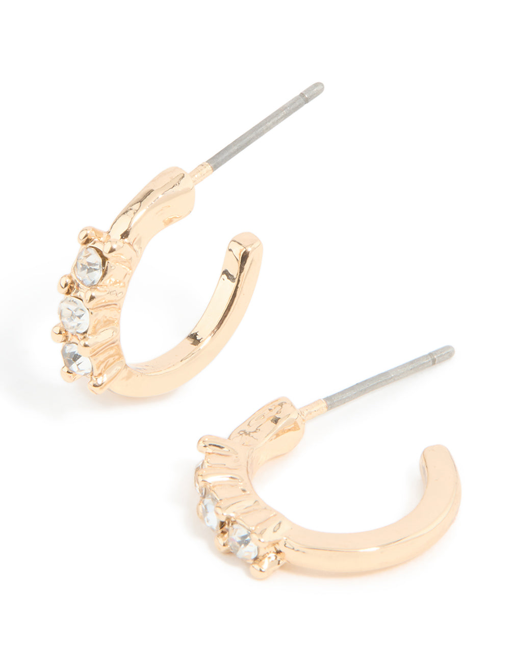 Featuring Gold Diamante Trio Huggie Earrings in a statement style front view