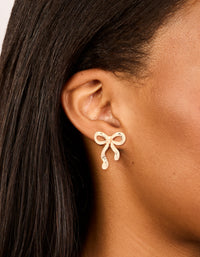 Gold Long Ribbon Bow Stud Earrings - link has visual effect only