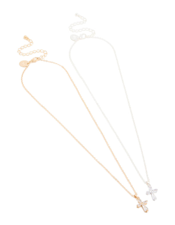 Mixed Metals Diamante Cross Necklaces 2-Pack