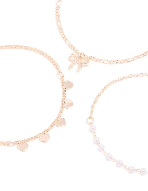 Rose Gold Pearl Bow & Heart Bracelets 3-Pack