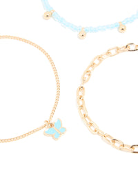Gold Blue Beaded & Butterfly Charm Bracelets 3-Pack - link has visual effect only
