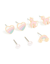 Kids Gold Unicorn & Rainbow Stud Earrings 6-Pack - link has visual effect only
