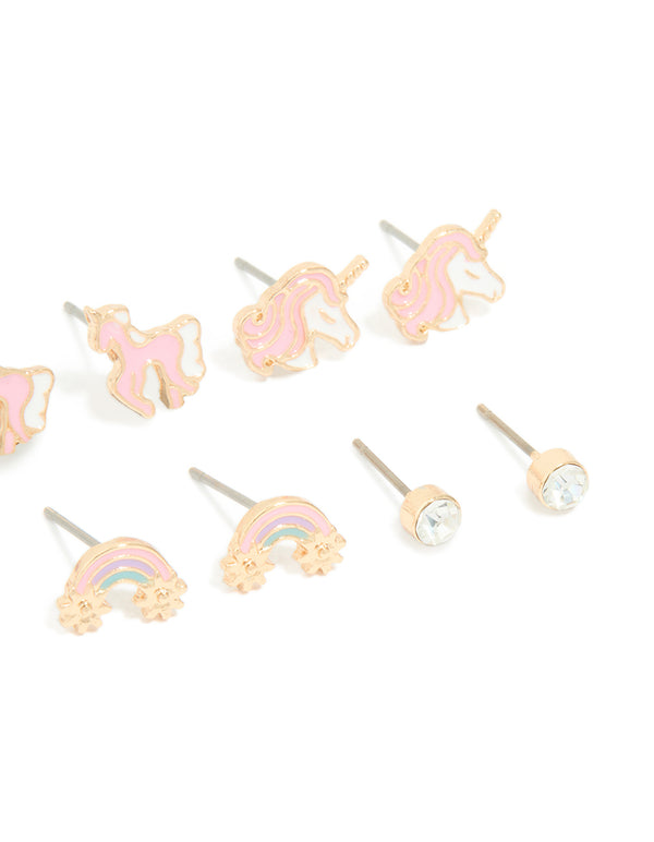 Kids Gold Unicorn & Rainbow Stud Earrings 6-Pack