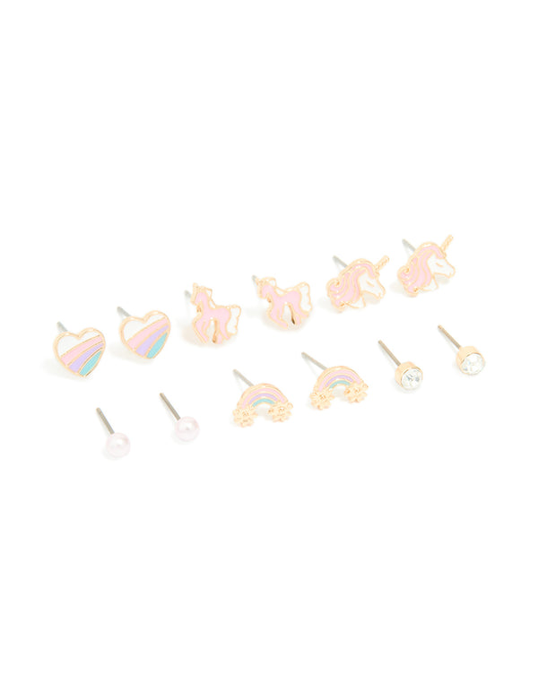 Kids Gold Unicorn & Rainbow Stud Earrings 6-Pack