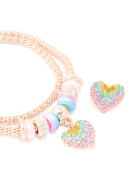 Kids Rose Gold Rainbow Diamante Heart Necklace & Ring Set - link has visual effect only