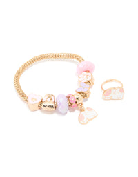 Kids Gold Pink & White Cat Flower Stretch Bracelet & Ring Set - link has visual effect only