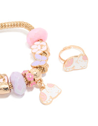 Kids Gold Pink & White Cat Flower Stretch Bracelet & Ring Set - link has visual effect only