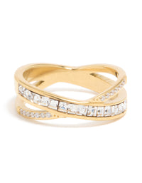 Waterproof Gold Plated Stainless Steel Diamante Cross Over Ring - link has visual effect only