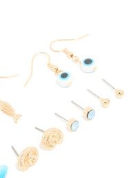 Gold Evil Eye & Sea Themed Earrings 8-Pack - link has visual effect only