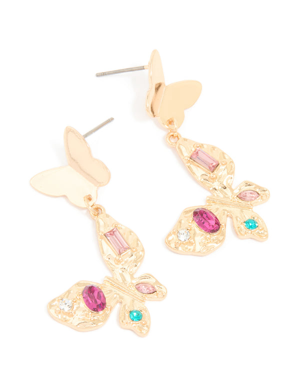 Gold Pink & Blue Diamante Butterfly Drop Earrings