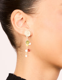 Gold Multicoloured Beaded & Molten Disc Drop Earrings - link has visual effect only
