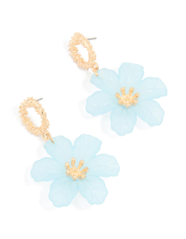 Gold Blue Acrylic Flower Open Textured Drop Earrings
