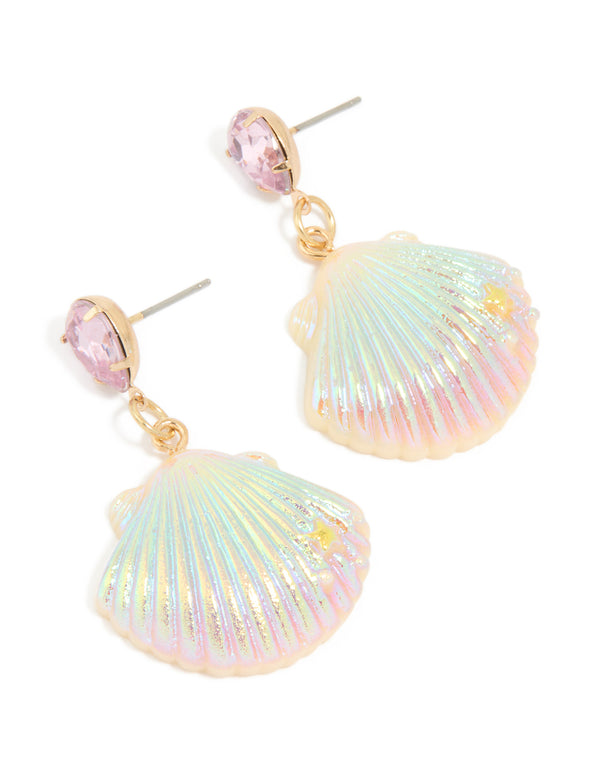 Gold Diamante Iridescent Shell Drop Earrings