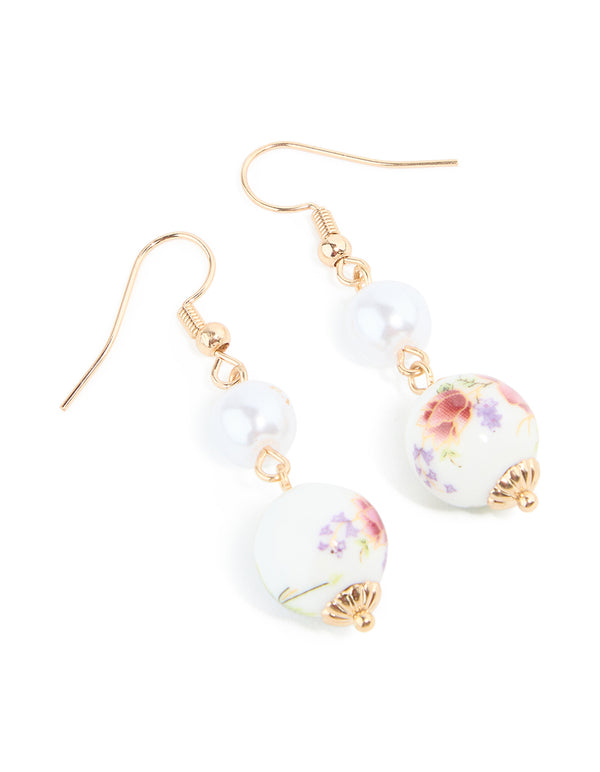 Gold Pearl Pink & Purple China Painted Flowers Drop Earrings