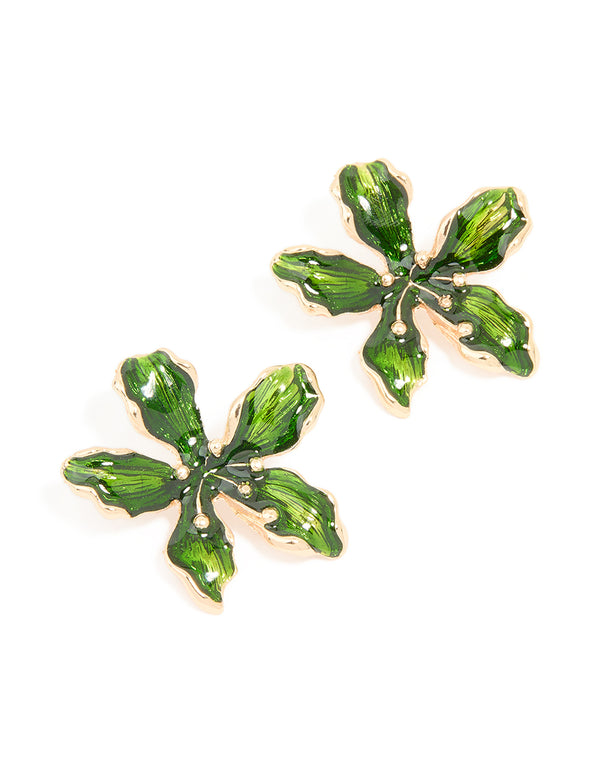Gold Green Diamante Flower Stud Earrings