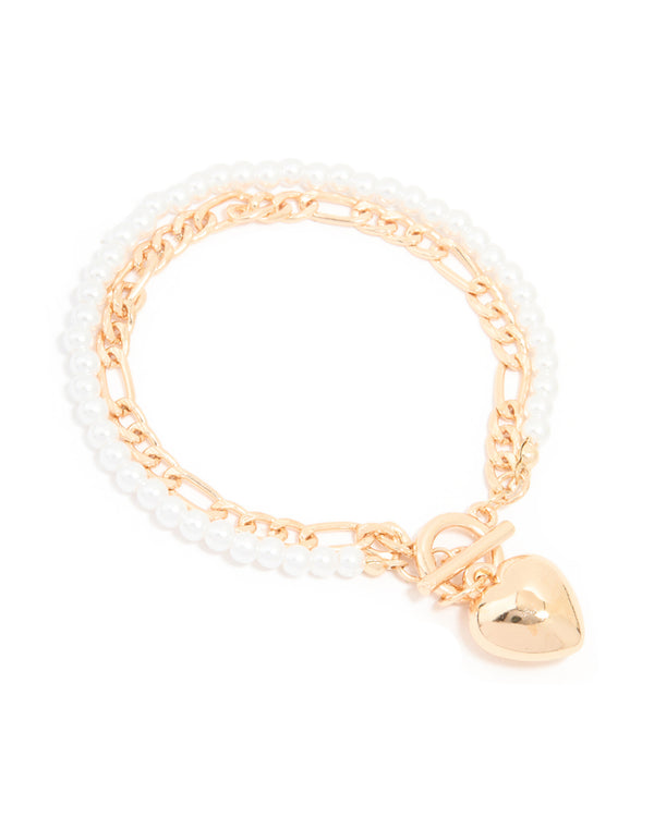 Gold Pearl & Heart Layered Toggle Bracelet