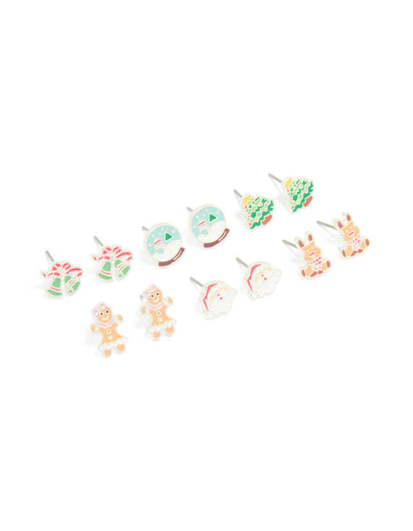 Kids Silver Snow Globe & Gingerbread Man Stud Earrings 6-Pack