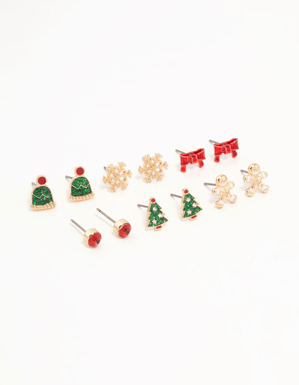 Kids Gold Santa Hat & Gingerbread Man Stud Earrings 6-Pack