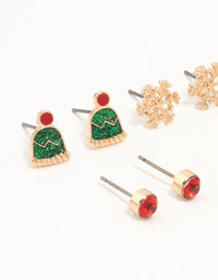 Kids Gold Santa Hat & Gingerbread Man Stud Earrings 6-Pack - link has visual effect only