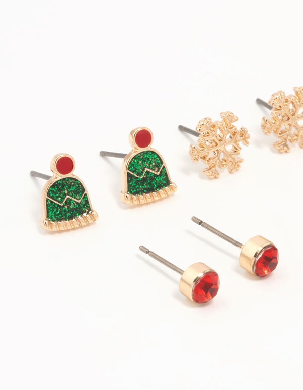 Kids Gold Santa Hat & Gingerbread Man Stud Earrings 6-Pack