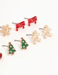 Kids Gold Santa Hat & Gingerbread Man Stud Earrings 6-Pack - link has visual effect only