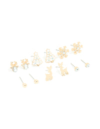 Kids Gold Diamante Reindeer & Snowflake Stud Earrings 6-Pack - link has visual effect only
