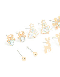 Kids Gold Diamante Reindeer & Snowflake Stud Earrings 6-Pack - link has visual effect only
