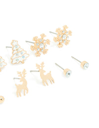 Kids Gold Diamante Reindeer & Snowflake Stud Earrings 6-Pack - link has visual effect only