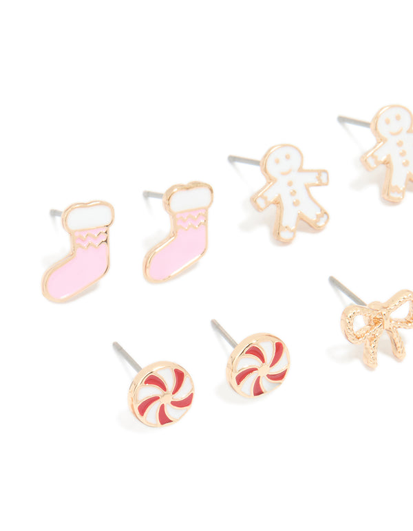 Kids Gold Stocking & Candy Cane Stud Earrings 6-Pack