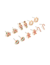 Kids Gold Diamante Gingerbread Man & Wreath Stud Earrings 6-Pack - link has visual effect only