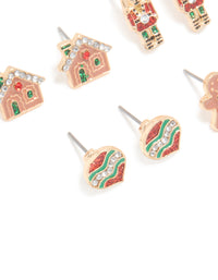 Kids Gold Diamante Gingerbread Man & Wreath Stud Earrings 6-Pack - link has visual effect only