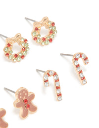 Kids Gold Diamante Gingerbread Man & Wreath Stud Earrings 6-Pack - link has visual effect only