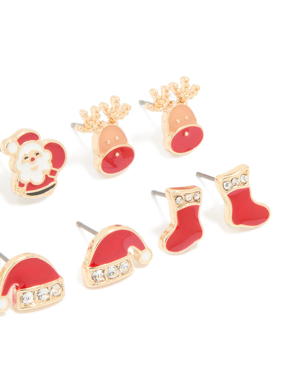 Kids Gold Red Santa & Stocking Earrings 6-Pack
