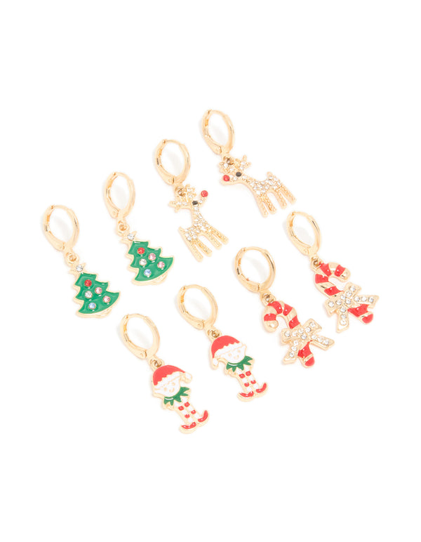 Kids Gold Candy Cane & Red Nosed Reindeer Huggie Earrings 4-Pack