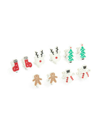 Kids Silver Snowman & Gingerbread Man Clip On Earrings 5-Pack - link has visual effect only