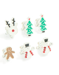 Kids Silver Snowman & Gingerbread Man Clip On Earrings 5-Pack - link has visual effect only